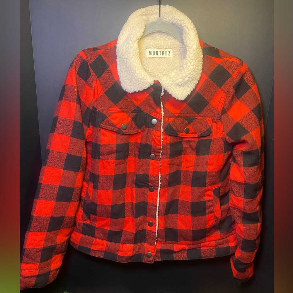 Montrez Red and Black Plaid‎ Bomber Jacket with Sherpa